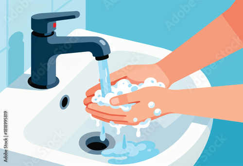 Illustration of hands in a sink, being washed with soap. Water flows from a faucet, creating suds