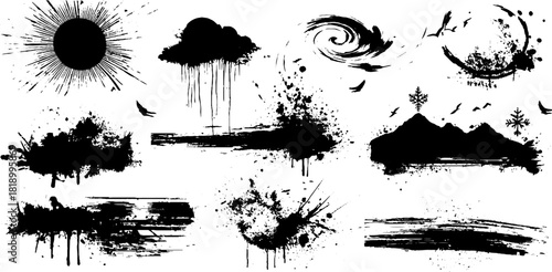 Black ink splatter nature symbols set with sun, cloud, and mountains for creative design projects