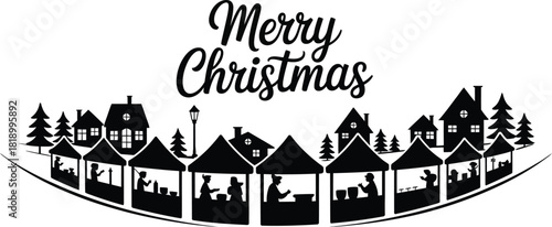 A cozy black and white christmas village silhouette with festive text, twinkling lights, and charming holiday atmosphere, suitable for seasonal illustrations, greeting cards, winter artwork
