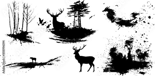 Nature spirits in black ink splatter silhouettes for artistic design