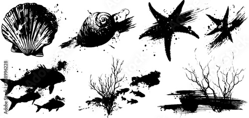 Oceanic ink splatter illustration set featuring marine symbols