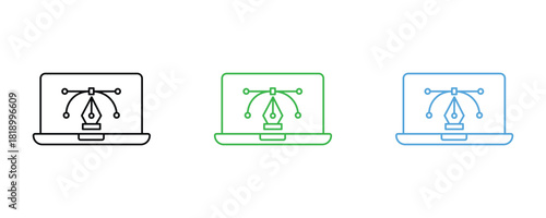 Laptop with pen tool on screen icon set vector on white background. computer, screen, display symbol.