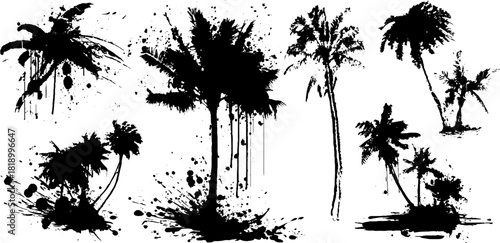 Black ink splatter palm tree silhouettes set for design and decoration