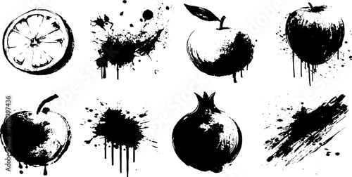 Black ink splatter fruit illustrations set featuring lemon and apple