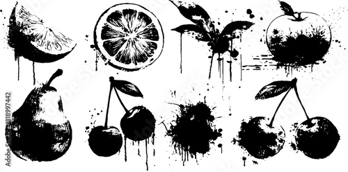 Black ink splatter fruit illustration collection featuring lemon, cherry, pear, and apple designs for creative projects