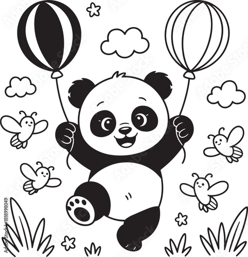 Adorable panda holding balloons surrounded by cute bees clouds and flowers