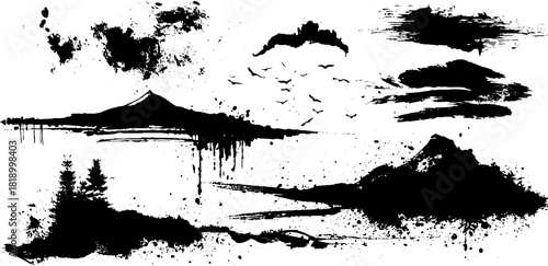 Black ink splatter and sumi-e fog illustration set featuring drifting forms and mountains