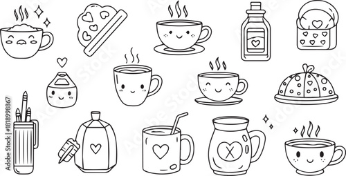 Whimsical breakfast doodles. Vintage hand drawn icons with la dole vita aesthetic in simple crayon and sketch style. Trendy art for menus and dinner brunch invitations. Outline vector illustration st