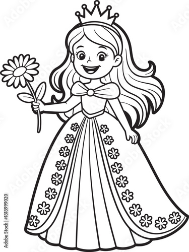 Charming princess holding a daisy flower crowned and dressed in a gown