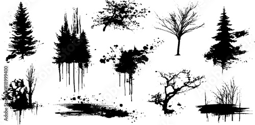 Black ink splatter tree varieties illustration set for design and art projects