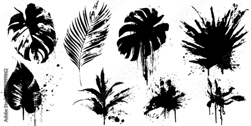 Black ink splatter tropical leaf silhouettes illustration set for artistic design
