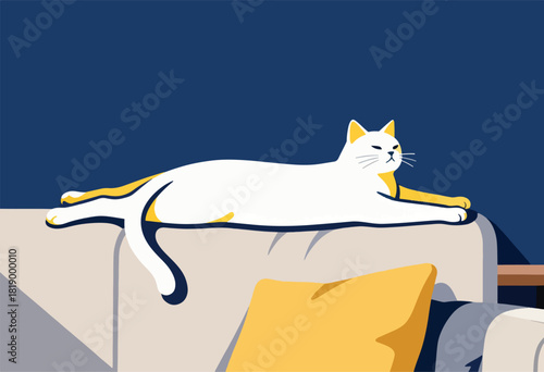 A white cat with yellow accents reclines on a beige couch, a yellow pillow nearby, against a navy background