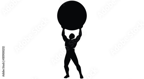 Strong silhouette of a muscular man holding a large sphere above his head against a white background