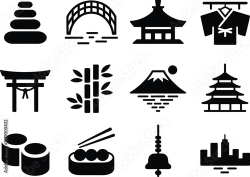 Collection of japanese icons in silhouette style featuring traditional architecture food and cultural symbols representing japan s rich heritage and landmarks