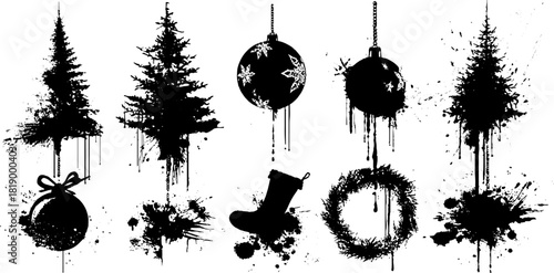 Black ink splatter illustration of winter holiday elements for festive design and decoration