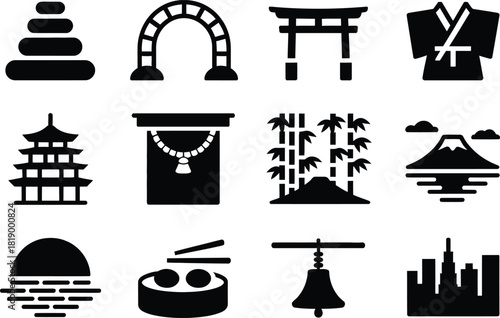 Set of japanese culture and landmarks icons in silhouette style representing traditional elements architecture and cuisine isolated on white background