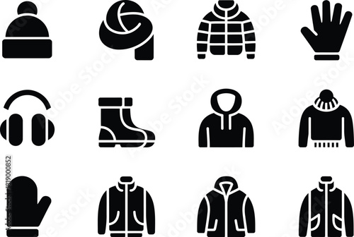 Winter clothing and accessories vector icon set hat scarf jacket gloves earmuffs boots hoodie and more for cold weather protection