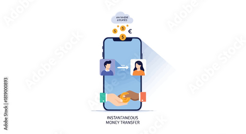 Illustration of instantaneous money transfer between two people using a smartphone app for global financial transactions