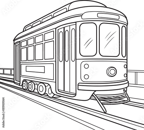 Classic trolley car detailed black and white line art rendering on tracks