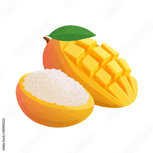 Mango Sticky Rice, 2D flat vector illustration in icon style, isolated on a white background