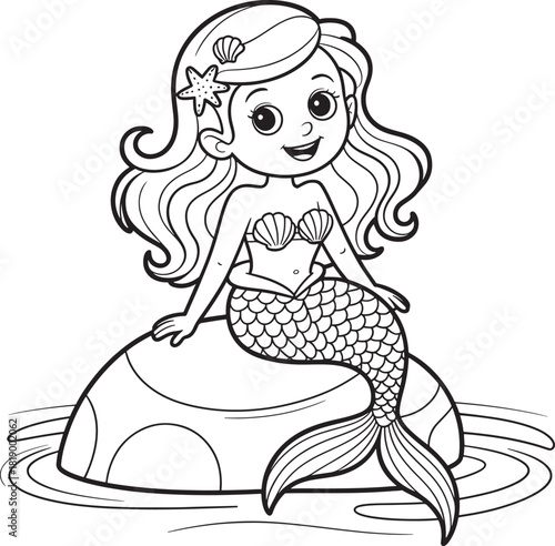 Cute cartoon mermaid sitting on a rock ocean waves black line art