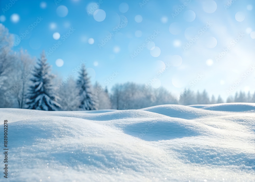 Obraz premium Winter snow background with snowdrifts, snowflakes, and bokeh on blue sky