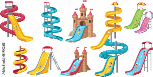 Vibrant water park slides and castles vector illustration, kids enjoying summer vacation, thrilling rides, aqua playground elements, recreation background, fun colorful cartoon leisure graphic.