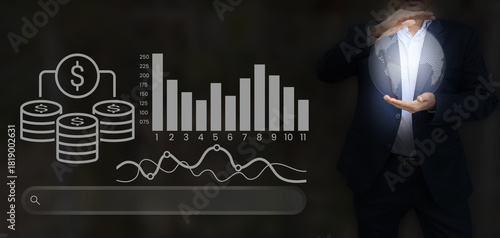 Global business finance analytics dashboard with market growth forecasting and investment metrics. Corporate revenue planning insight for future trend visualization. Data-focused representation