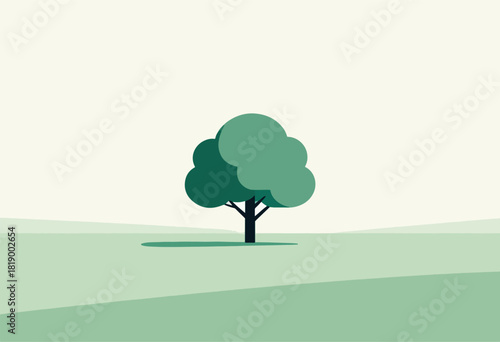 A minimalist depiction of a tree on a green hillside with a soft-colored sky. A clean, modern aesthetic