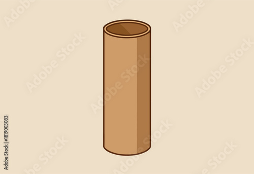 Simple cartoon illustration of a cardboard cylinder, brown with a darker rim, in an isometric view on beige