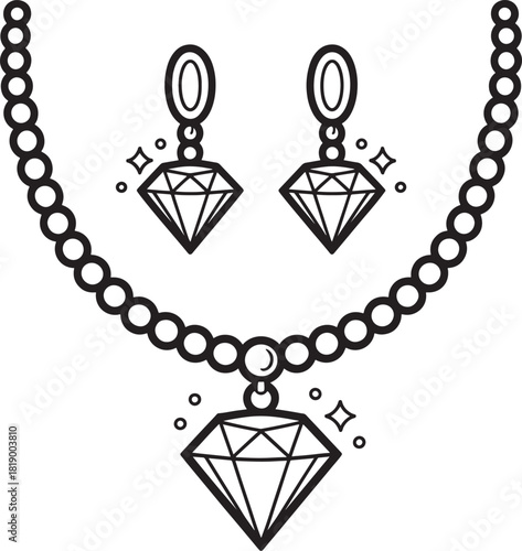diamond necklace and earrings set simple design black line art