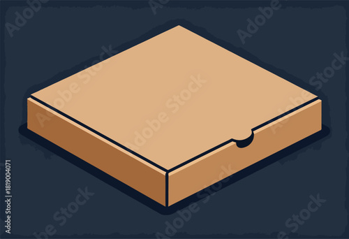 Isometric illustration of a closed pizza box with a tab cutout, a neutral design