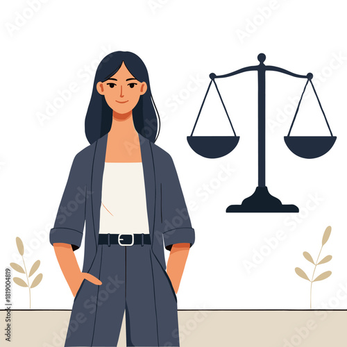 Flat Illustration of Woman in Gray Suit Next to Justice Scale on White Background