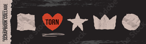 Set torn star, heart, crown, square, circle shape with jagged edges and tattered paper.