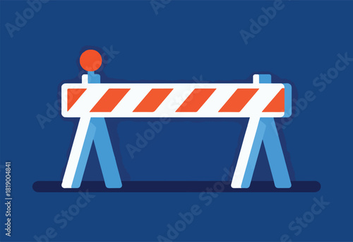 Vector illustration of a construction barrier. Orange and white stripes, blue support legs, and an orange top light