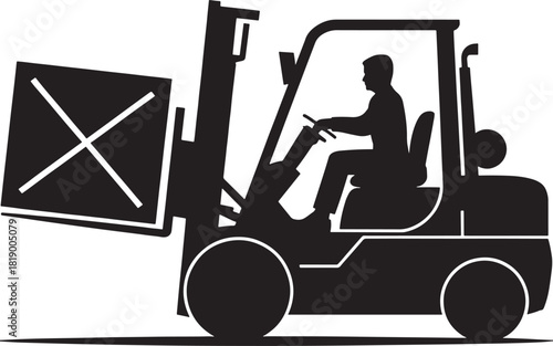 Forklift operator silhouetted moving a crate with industrial equipment