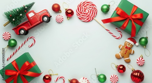 Christmas holiday background with festive decorations, gift boxes, candy canes, gingerbread man, and a toy truck