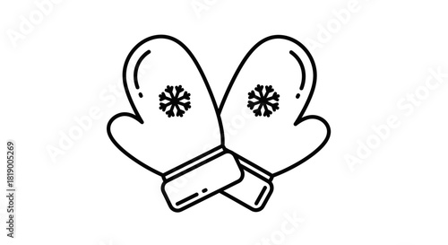 A simple black and white line drawing of a pair of winter mittens with snowflake designs.