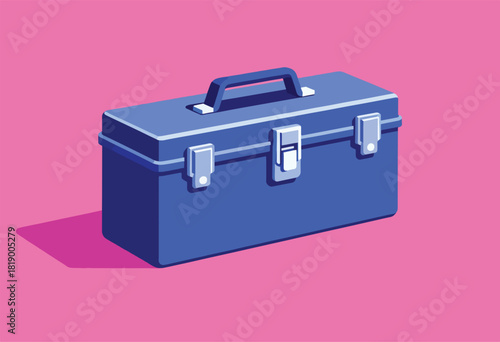 A blue toolbox, with handle and latches, casts a shadow on a pink background. Isometric view, simple and clean