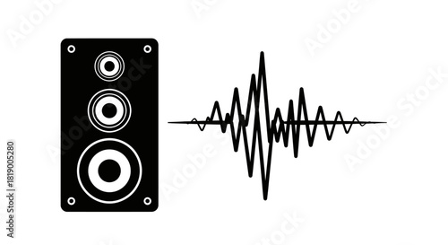 Black speaker icon next to a sound wave graphic representing audio output and acoustics.