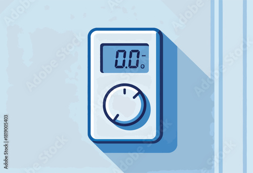 Digital meter graphic with screen showing "0.0-" and a dial. Mounted on a light blue wall with dark blue trim