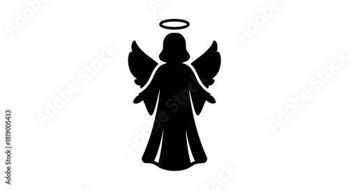A black silhouette of an angel with outstretched wings and a halo on a plain white background.