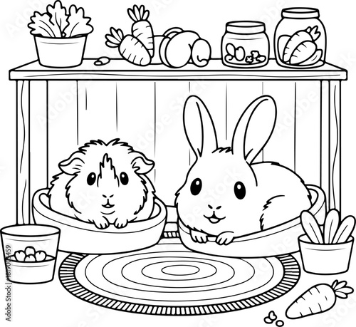 Cute Guinea Pig and Bunny Rabbit Coloring Page For Kids