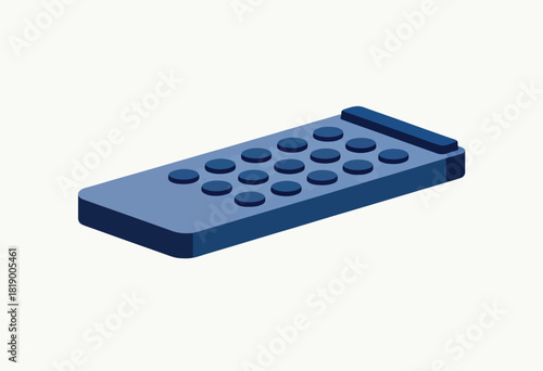 Isometric view of a blue remote control with circular buttons, isolated on a white background