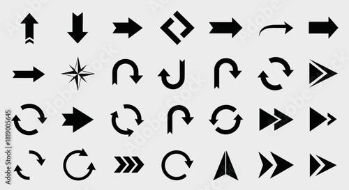 Collection of various black arrow icons, symbols, and directional signs pointing in different directions.