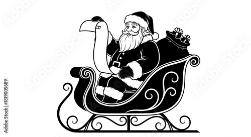 Black and white illustration of Santa Claus in a sleigh holding a long scroll, with a sack of gifts behind him.