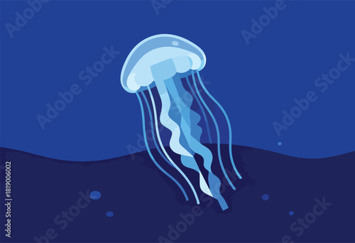 A stylized illustration depicts a jellyfish descending in a deep blue ocean, waves below, minimalist style