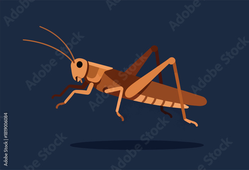 A flat-design illustration of a grasshopper in shades of brown on a dark blue background. It casts a shadow