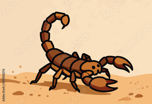 Cartoon illustration of a brown scorpion with black outlines, claws raised, tail curved. Sand-like background