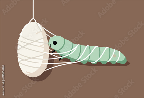 A green caterpillar spins a silk cocoon, connected by strands, suspended against a brown backdrop